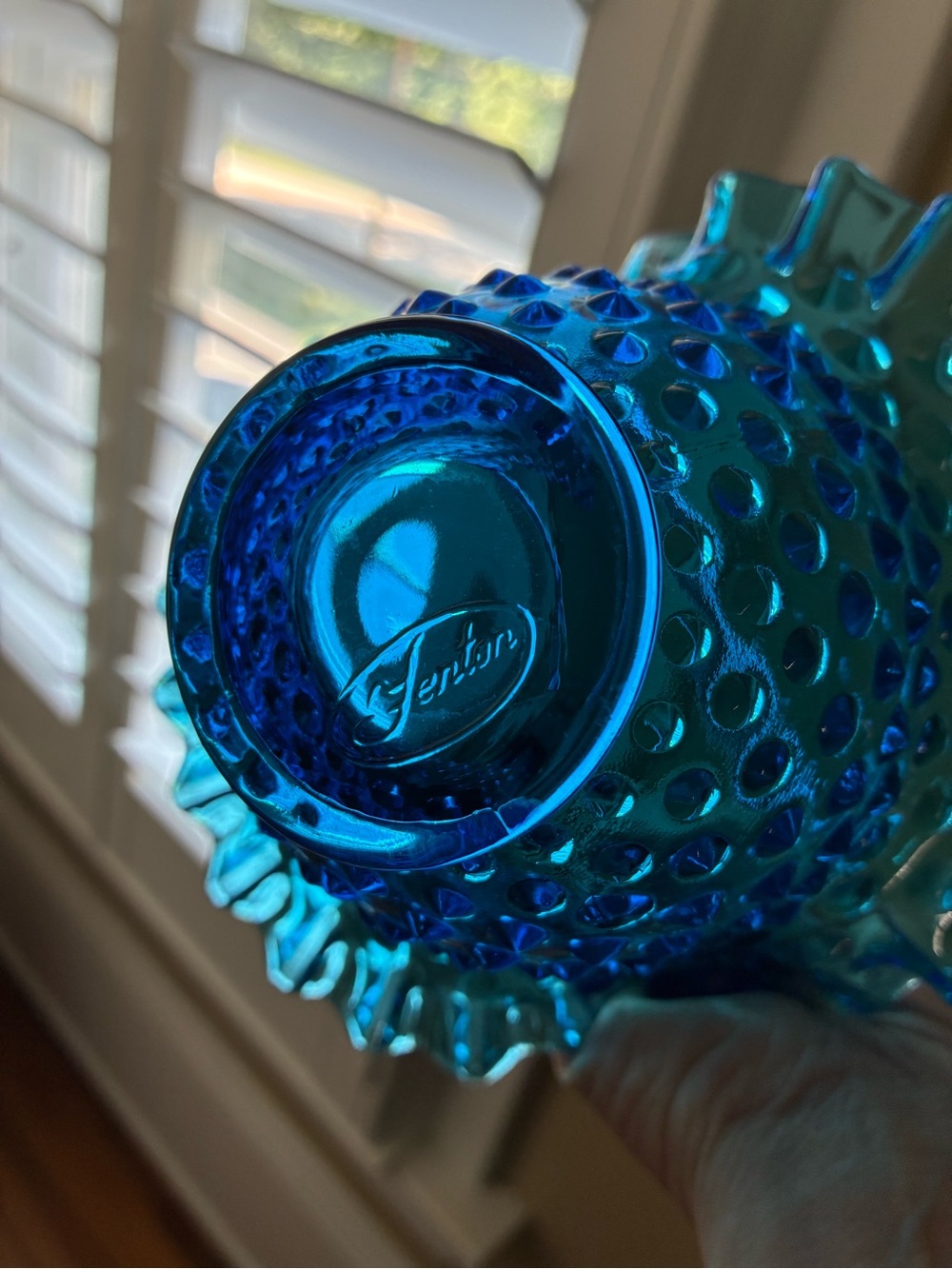 Fenton Blue Hobnail Glass Basket with Ruffled Edge - Picture 5 of 6